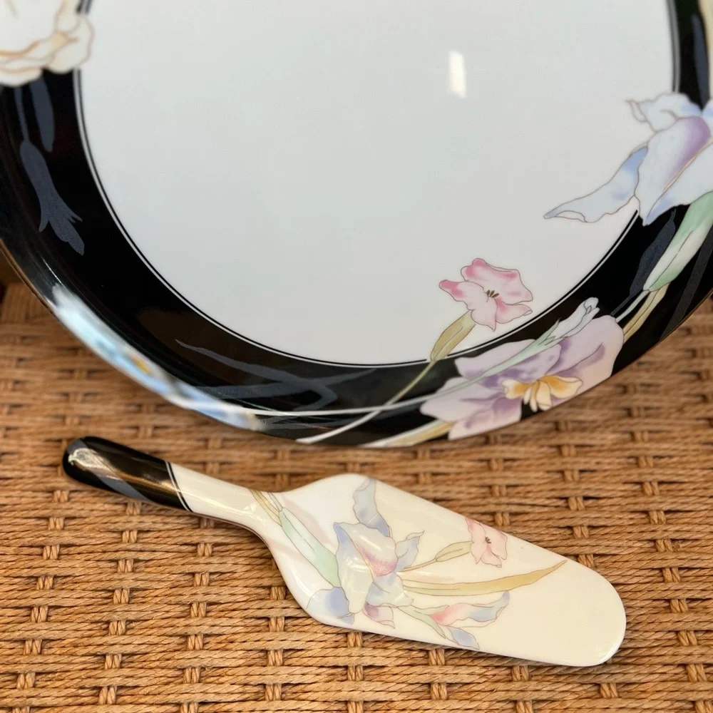 Vintage Mikasa Charisma Black Cake Plate & Server Set | Fine China Japan Floral